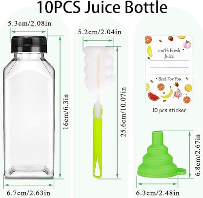 Plastic Juice Bottles with Caps 10pcs 12oz, Reusable Juice Containers with Black Tamper-Evident Lids, Clear Bottles for Juicing, Milk, Smoothie Bottle, Drinking with 10 Labels, Brush and Funnel