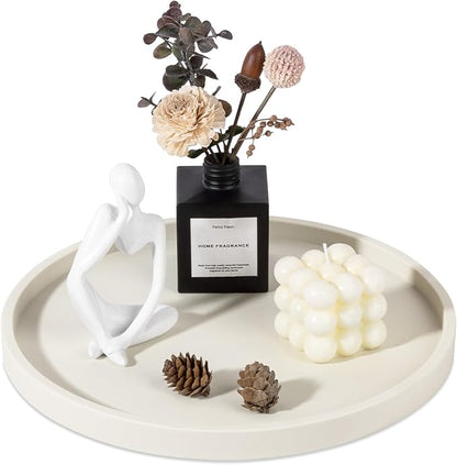 Silicone Bathroom Tray Round Vanity Tray Decorative Soap Holder Kitchen Countertop Organizer Coffee Table Decor for Candle, Perfume, Plant, 12 Inch, Beige