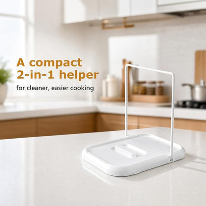 Pot Lid Holder with Spoon Rest for Stove Top and Kitchen Counter, Foldable Pot Lid Organizer with Non-Slip Pads for Lids, Spoons and Spatulas, White