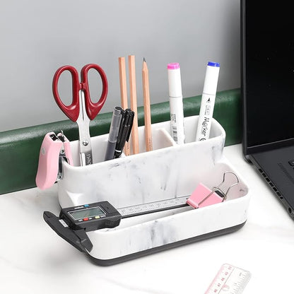 zccz White Marble Design Makeup Organizer - Bathroom Counter Storage for Toothbrushes and Cosmetics - Anti-Slip Cabinet Holder with 4 Compartments - Ideal Vanity Accessory for Organizing Essentials