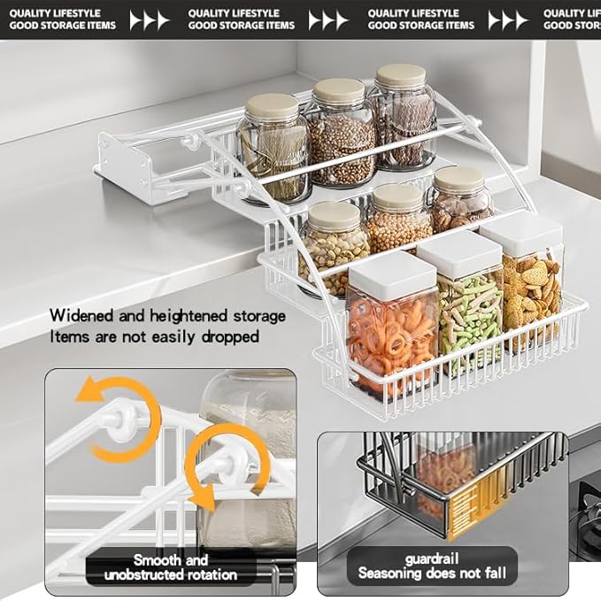 3-Tier Pull Down Spice Rack Organizer for Inside Cabinet Expandable Display Riser Shelf Seasoning Shelf (12.4IN/White)
