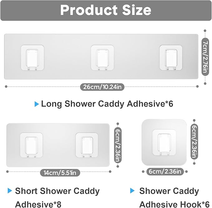 20 Pack Shower Caddy Adhesive Replacement, Waterproof Shower Shelf Adhesive Strips, Strong Flat Hooks for Bathroom Storage Shelves and Kitchen Racks No Drilling, Clear