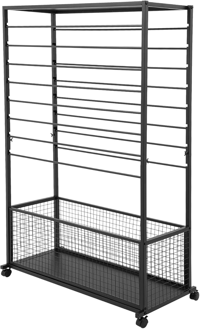 Commercial Ribbon Holder Organizer w/ 16 Rods & Locking Wheels - 59" Mobile Craft Storage for Florists, 4-Tier w/Mesh Basket (Black, 39.37 * 12.6 * 59.06in)