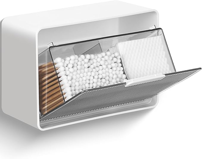 Qtip Holder, Wall Mount Qtip Holder Organizer for Bathroom Cotton Swabs, Balls, Cosmetic Cotton Pads, Dental Floss Storage - WhiteGrey