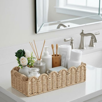 CubesLand Bathroom Basket Organizer, Toilet Tank Paper Storage Baskets 2-Pack, Scalloped Decorative Basket for Countertop w/Handle, Wicker Basket for Bathroom Decor, Home Decor, Living Room, Beige