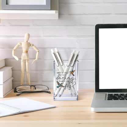 What If I Fall What If You Fly Acrylic Cosmetic Pencil Pen Holder Cup, Hummingbird Lover Gifts Desk Organizer Accessory for Office Decor, Inspirational Gifts for Women Girl Coworker Boss Friend
