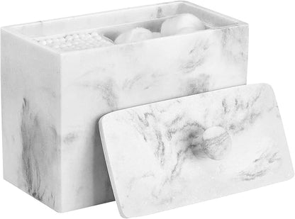 Luxspire Cotton Swab Holder, Resin Canister with Lid, 2 Compartments Dispenser Storage Box Cosmetics Countertop Organizer Containers for Pads, Rounds - Gravel White