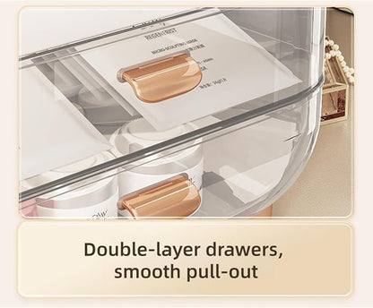 Makeup Organizer, Skincare Organizers with Clear Lid & 2 Drawers and 360° Rotating Brush Holder