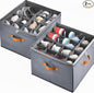 2 Pack Shoe Organizer for Closet, Foldable Storage Box with Adjustable Dividers, Holds 32 Pairs, Oxford & PP Board, Stackable Gray Bin with Clear Cover and Leather Handles, 17x17x12 inch