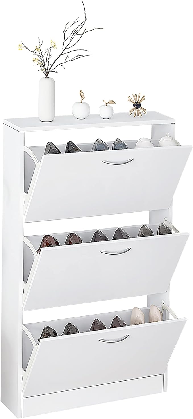 Karl home Narrow Shoe Cabinet for Entryway, Freestanding Shoe Rack with 3 Flip Drawers Doors, Adjustable Tipping Wood Hidden Storage Organizer for Hallway Apartment Foyer, White