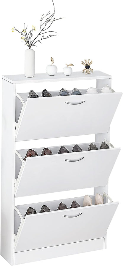Karl home Narrow Shoe Cabinet for Entryway, Freestanding Shoe Rack with 3 Flip Drawers Doors, Adjustable Tipping Wood Hidden Storage Organizer for Hallway Apartment Foyer, White