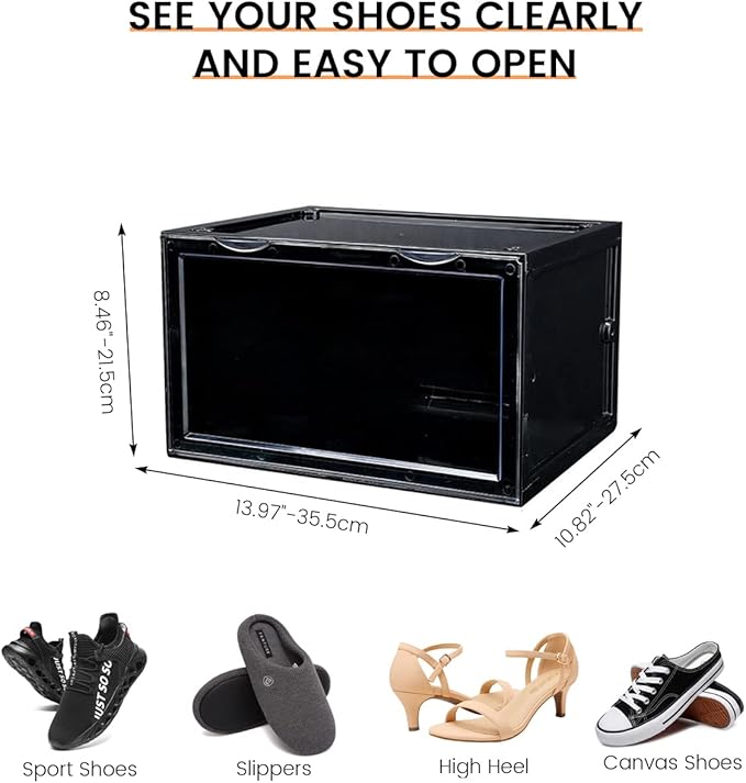 Shoe Boxes Clear Plastic Stackable, Harder Shoe Storage Boxes with Lids, Powerful Load-Bearing, Space Saving and Easy Assembly for Kids Men Women (Black)