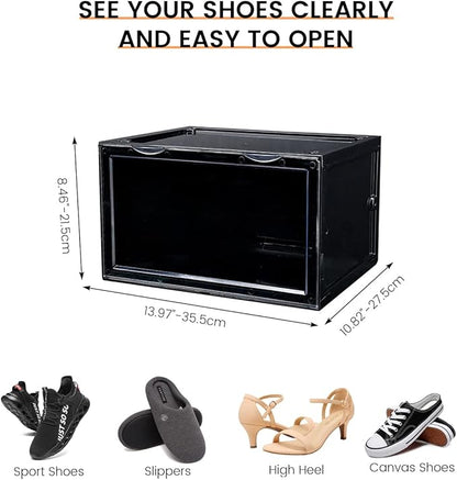 Shoe Boxes Clear Plastic Stackable, Harder Shoe Storage Boxes with Lids, Powerful Load-Bearing, Space Saving and Easy Assembly for Kids Men Women (Black)