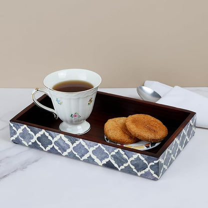 Handicrafts Home 10"x6" Vanity Tray for Bathroom Countertop, Moroccan Bone Inlay Decorative Organizer Tray for Perfume, Jewelry, Cosmetics & Dresser Decor, Rectangular Catchall Tray, Grey White