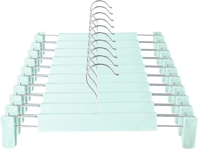 GUANJUNE Clothes Pants Hangers, Space-Saving Skirt Holders with 360 ° Swivel Hooks, Adjustable Clips, Trouser Hangers, Clothes Coat Garment Jeans Hangers (10 Pack, Green)