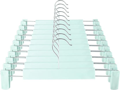 GUANJUNE Clothes Pants Hangers, Space-Saving Skirt Holders with 360 ° Swivel Hooks, Adjustable Clips, Trouser Hangers, Clothes Coat Garment Jeans Hangers (10 Pack, Green)