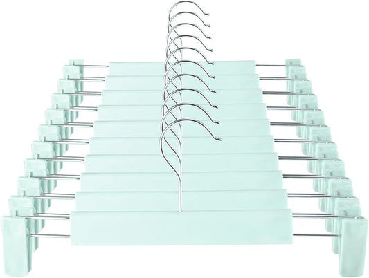 GUANJUNE Clothes Pants Hangers, Space-Saving Skirt Holders with 360 ° Swivel Hooks, Adjustable Clips, Trouser Hangers, Clothes Coat Garment Jeans Hangers (10 Pack, Green)