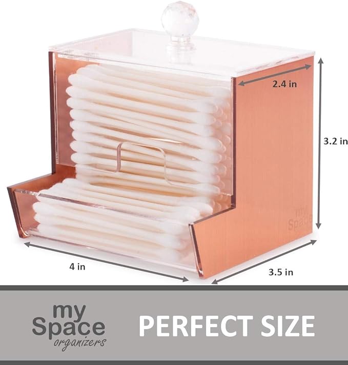 My Space Organizers Rose Gold Acrylic Qtip Holder for Qtip Brand Cotton Swab Holder, Qtip Dispenser, Modern Bathroom Decor Organizer for Countertop Vanity Storage (Rose Gold)