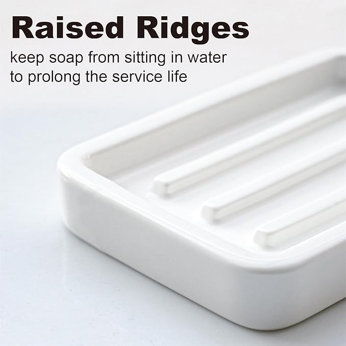 Matte Ceramic Soap Dish with Raised Ridges, Rectangle Bar Soap Holder for Bathroom Counter, Shower and Kitchen Sink, White