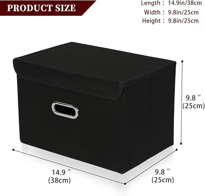 STOREONE Fabric Storage Cube Bins Foldable Organizer Container Collapsible Basket with Lids and Metal Handles, for Home, Bedroom, Closet (Black, 3 Pcs)