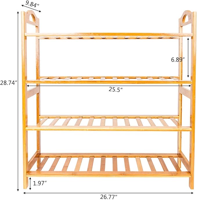 Bamboo Shoe Rack with Handle 4 Tier 16 Pairs Free Standing Shoe Shelf Storage Organizer for Entryway & Closet, Wood Color