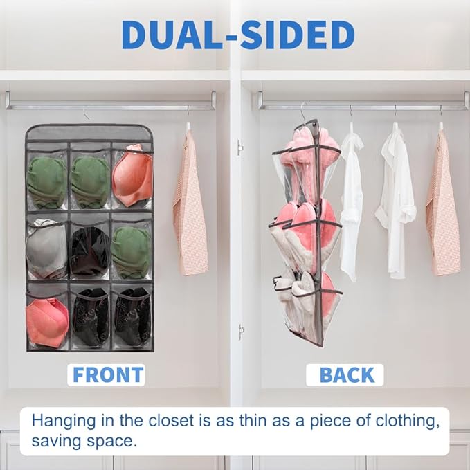 2 Pcs Closet Organizer Dual Sided Hanging Shoe Storage Bag Underwear Socks Holder with 18 Pockets (CLEAR POCKETS)