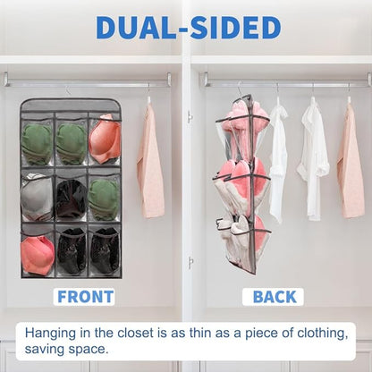 2 Pcs Closet Organizer Dual Sided Hanging Shoe Storage Bag Underwear Socks Holder with 18 Pockets (CLEAR POCKETS)