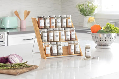 Orii 18 Jar Bamboo Compact Spice Rack with Spices Included & 5-Year Free Spice Refill Program for Countertop or Kitchen Drawer with Glass Jars