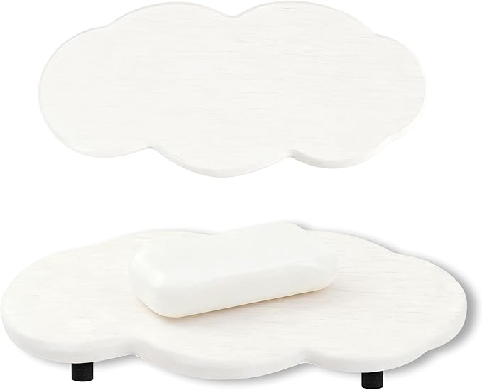 Water Absorbing Stone Tray Cute Cloud Shape, Instant Drying Sink Diatomite Coasters for Bathroom & Kitchen Counter Organizers, Dish Soap Dispenser Sponge Holder, 8 * 4inch, 2 Pcs (White)