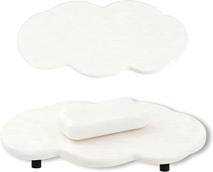 Water Absorbing Stone Tray Cute Cloud Shape, Instant Drying Sink Diatomite Coasters for Bathroom & Kitchen Counter Organizers, Dish Soap Dispenser Sponge Holder, 8 * 4inch, 2 Pcs (White)
