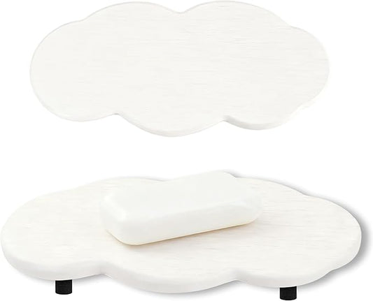 Water Absorbing Stone Tray Cute Cloud Shape, Instant Drying Sink Diatomite Coasters for Bathroom & Kitchen Counter Organizers, Dish Soap Dispenser Sponge Holder, 8 * 4inch, 2 Pcs (White)