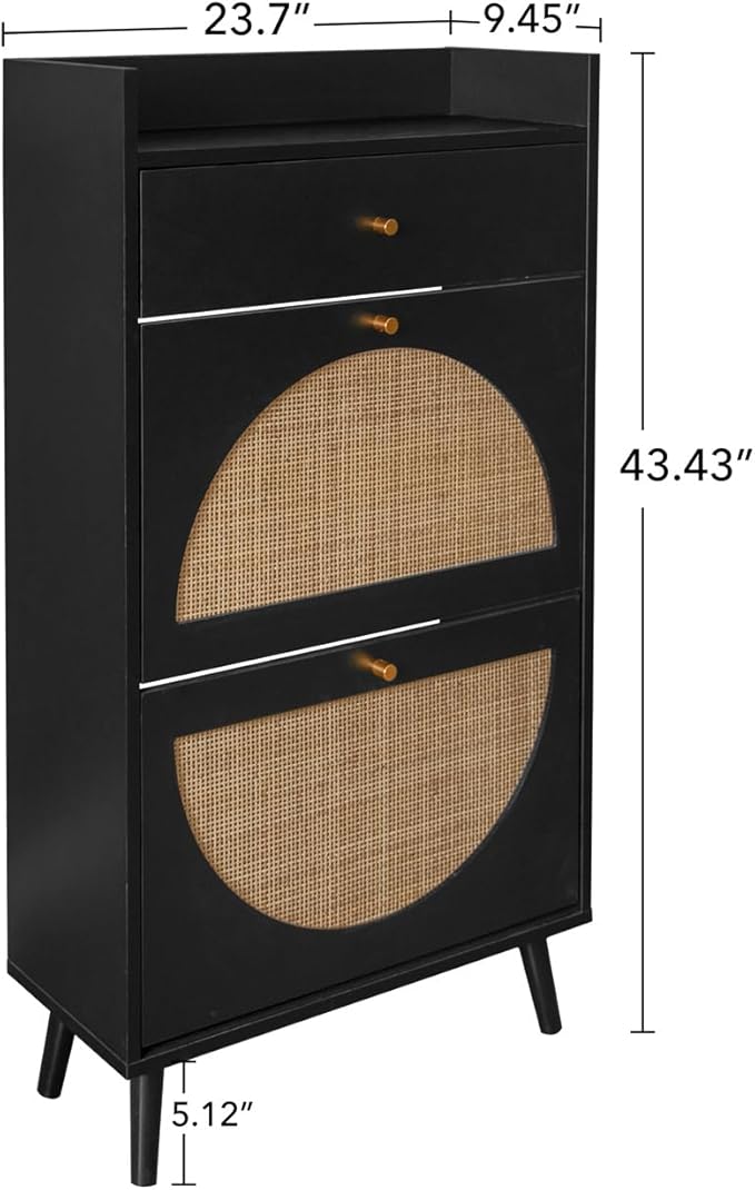 ZeHuoGe Natural Rattan Shoe Cabinet with 2 Flip Drawers, Black Shoe Rack Storage Cabinet for Heels, Slippers, Free Standing Shoe Rack for Entrance Hallway (Black)