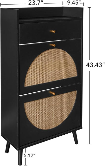 ZeHuoGe Natural Rattan Shoe Cabinet with 2 Flip Drawers, Black Shoe Rack Storage Cabinet for Heels, Slippers, Free Standing Shoe Rack for Entrance Hallway (Black)