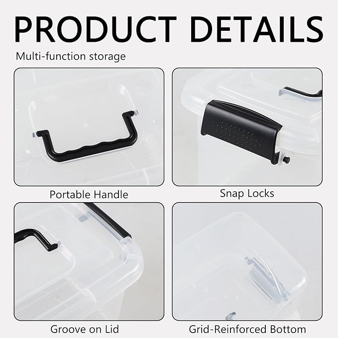 6-Pack Home Storage Bins, Plastic Container, Latching Box with Handle (Black handle)