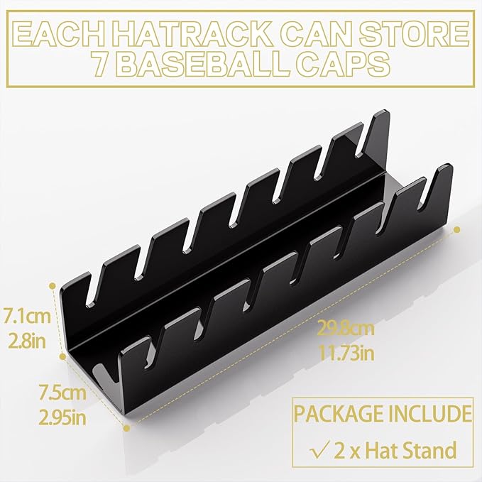 Hat Stand for Baseball Caps, 2 Pcs No Install Acrylic Hat Organizer for 14 Baseball Caps, Hat Holder Hat Storage Hat Display Baseball Cap Rack for Bedroom, Closet, Dresser, Office (Black)