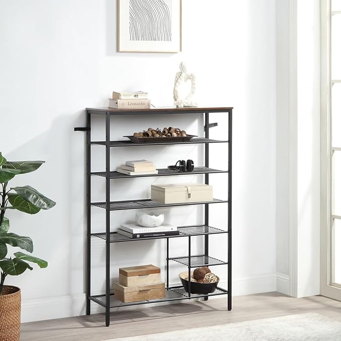 6 Tier Shoe Rack Organizer, Metal Mesh Shoe Storage Shelf, Storage Boots .for Entryway, Closet,Hallway, Bedroom,Cloakroom,Garage, Industrial,Rustic Brown
