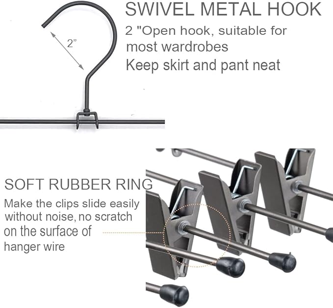 Pants Hangers 13.8" Dark Grey Skirt Clothes Rack with Clips Metal Clips Trousers Hanger Space Saving Slacks Hangers Durable and Sturdy Pants Display 30 Pack