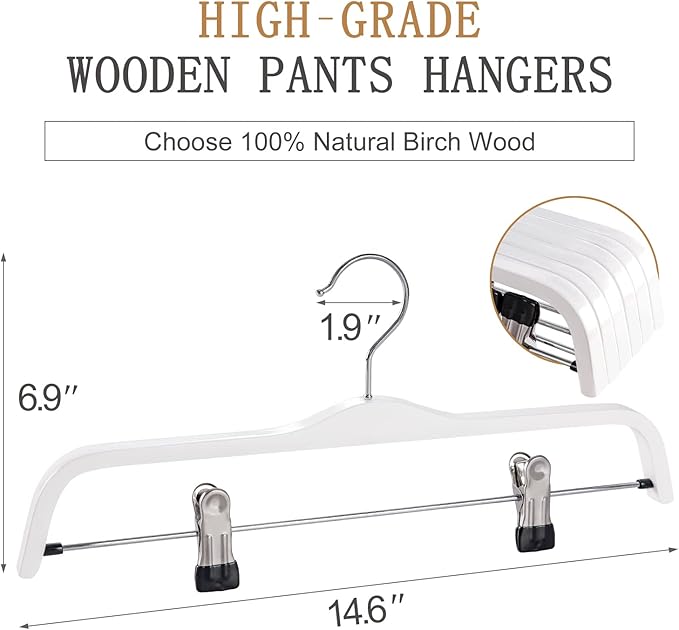 TOPIA HANGER Wooden Pants Hangers,Slim Natural Wood Skirt Hangers with Anti-Rust Hook and Adjustable Metal Clips, Perfect for Skirts,Pants,Slacks-10 Pack-CT17W