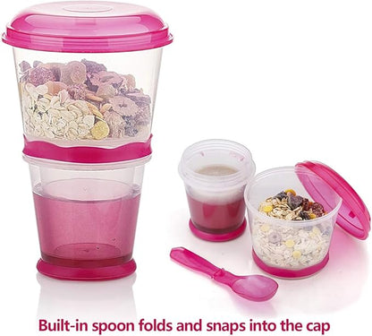 Cereal On the Go Cups Travel-To-Go-Food-Containers Storage with Spoon Breakfast Drink-Cups-Portable (Pink)