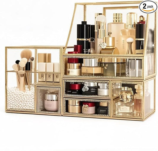 Tempered Glass Makeup Organizer with Gold Heart Shaped Metal Frame, Large Cosmetic Storage Drawer Cabinet, Dustproof Vanity Display Case for Lipstick Makeup Brush Skincare
