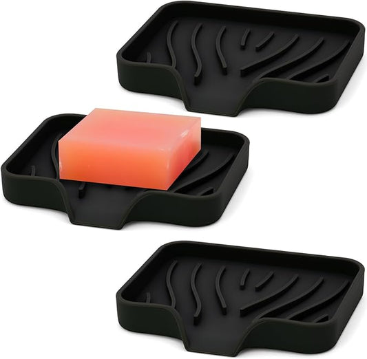 AIMAIAIMAI 3-Pack Silicone Soap Dish Set – Bar Soap Holder with Self-Draining Design, Easy-Clean Tray for Shower, Bathroom, Kitchen, and Tub (Black)