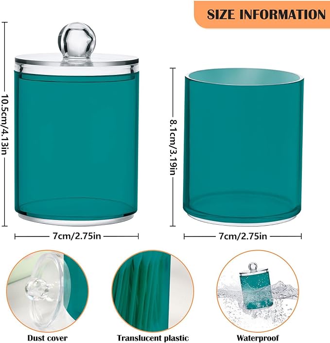 Dark Cyan Qtip Dispenser Apothecary Jars Bathroom Qtip Holder Storage Canister 10 Oz Plastic Jar for Cotton Ball Swab Round Pads Floss 2pcs