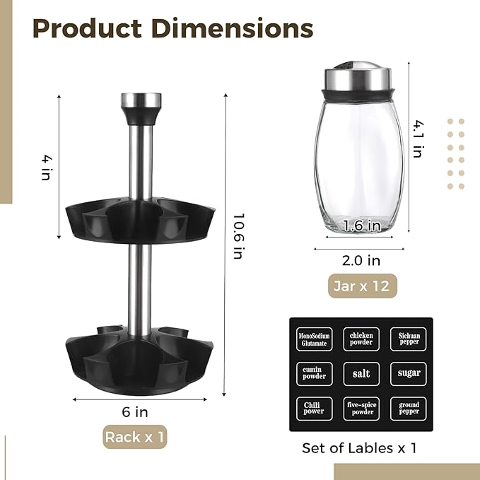 2 Layer Rotating Spice Rack Organizer with 12 Glass Jars, 360° Turntable Seasoning Set, Spinning Kitchen Counter Spice Holder, Airtight Containers with Labels for Kitchen Seasoning Storage