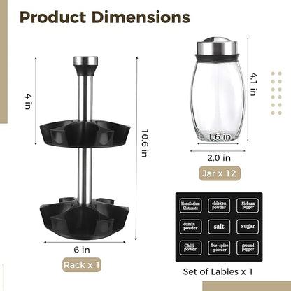 2 Layer Rotating Spice Rack Organizer with 12 Glass Jars, 360° Turntable Seasoning Set, Spinning Kitchen Counter Spice Holder, Airtight Containers with Labels for Kitchen Seasoning Storage