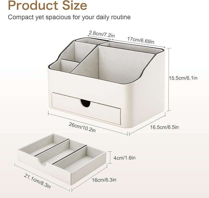 KINGFOM PU Leather Makeup Organizer with Drawer, Skincare Organizer for Vanity, Cosmetic Storage for Dresser Countertop, Beauty Holder for Lipstick Brush Skincare (Ivory White)