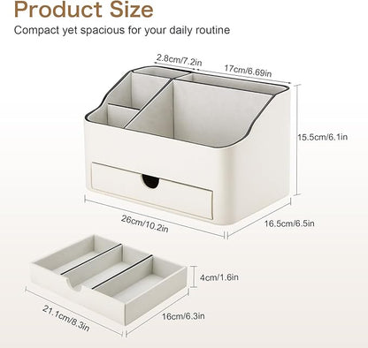 KINGFOM PU Leather Makeup Organizer with Drawer, Skincare Organizer for Vanity, Cosmetic Storage for Dresser Countertop, Beauty Holder for Lipstick Brush Skincare (Ivory White)