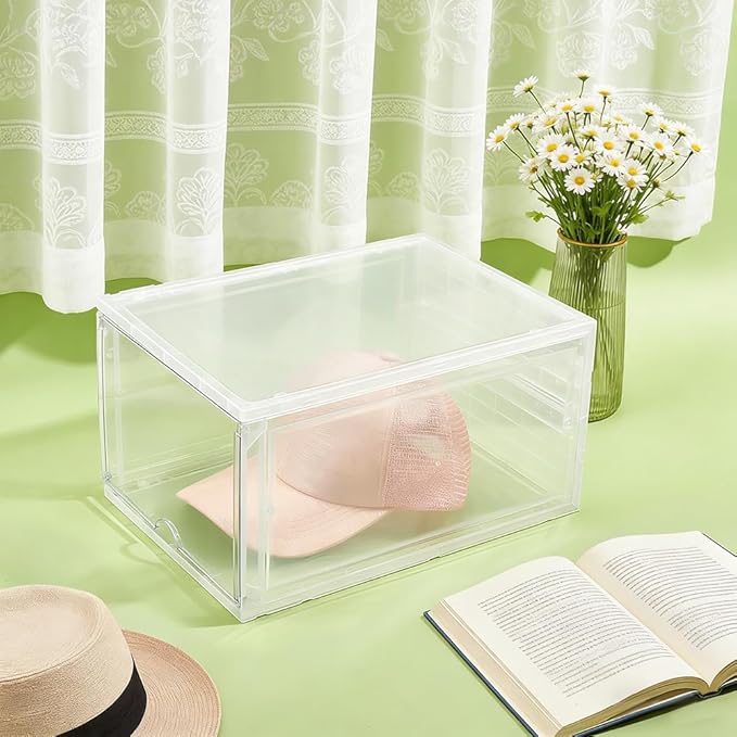 2 Pcs Clear Stackable Storage Bins with Lids Hat Organizer Containers with Side Door Stackable Acrylic Display Case for Cosmetic Multifunctional Storage Boxes for Dorm Living Room Bedroom