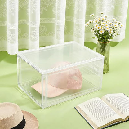 2 Pcs Clear Stackable Storage Bins with Lids Hat Organizer Containers with Side Door Stackable Acrylic Display Case for Cosmetic Multifunctional Storage Boxes for Dorm Living Room Bedroom
