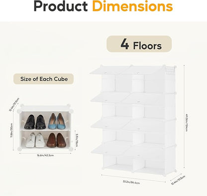 HealSmart Shoe Rack Organizer with Door, Shoe Storage Cabinet, Stackable Plastic Shelves for Closet, Entryway, Hallway, Bedroom, 8-Tier 32-Pair, White