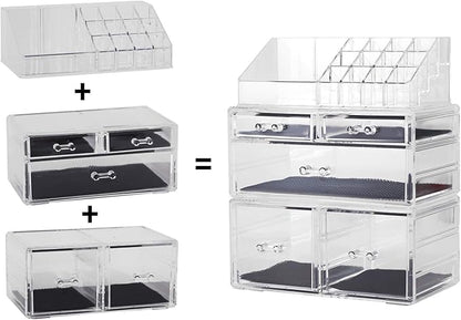 Sooyee 4 Doors Foldable Necklace Hanging Jewelry Organizer Double Sided Stand Display & 3 Pieces Clear Acrylic Cosmetic Storage Drawers and Jewelry Display Box,Clear